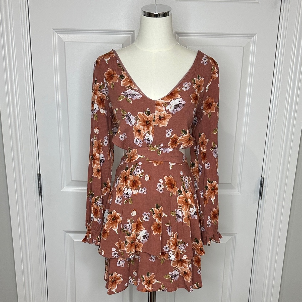 Altar’d State Dayza Floral Tiered Open Back Dress Cutout Brown Long Sleeves S